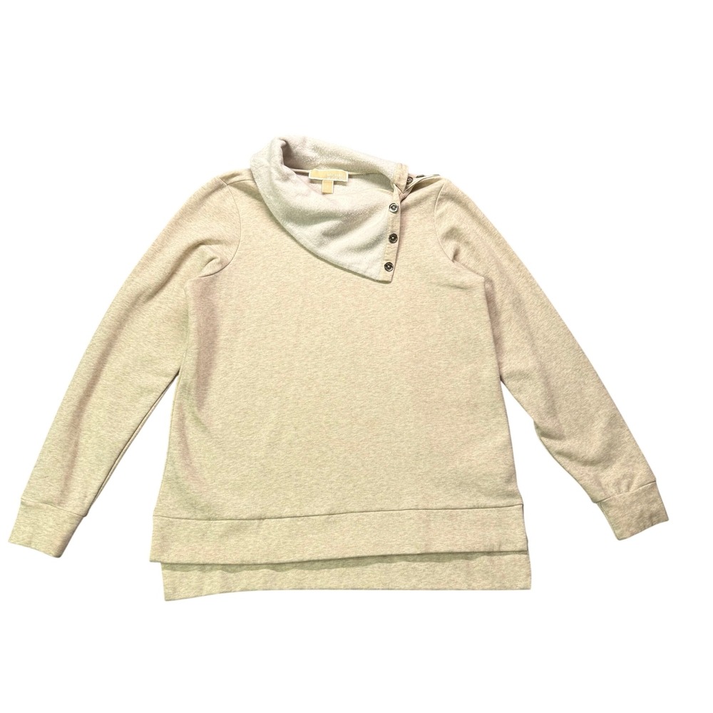 Michael Kors Beige Asymmetrical Snap Neck Sweatshirt Sz S, quiet luxury preppy